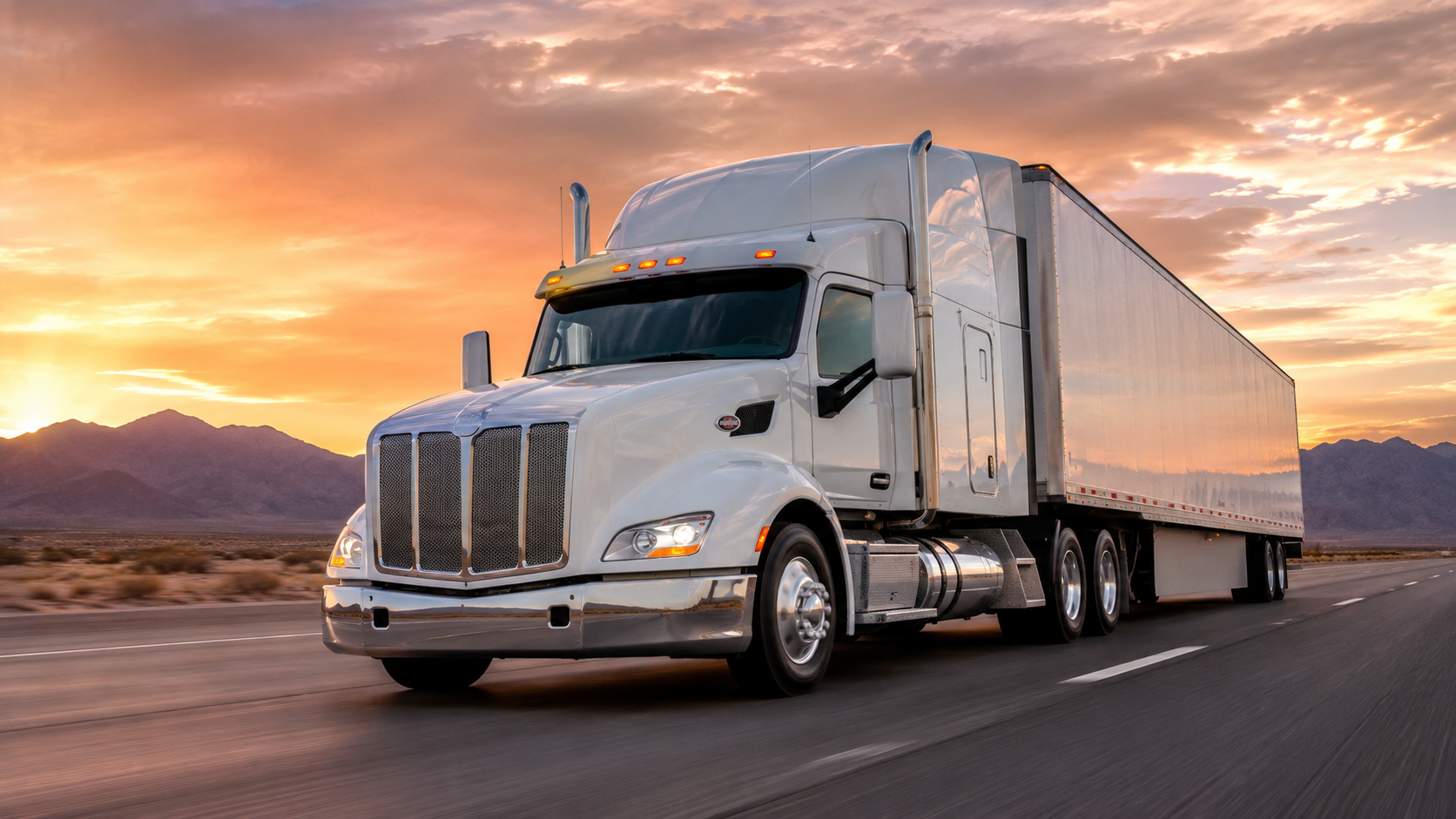 A modern North American Class 8 semi-truck with a long white box trailer A modern North American Class 8 semi-truck with a long white box trailer